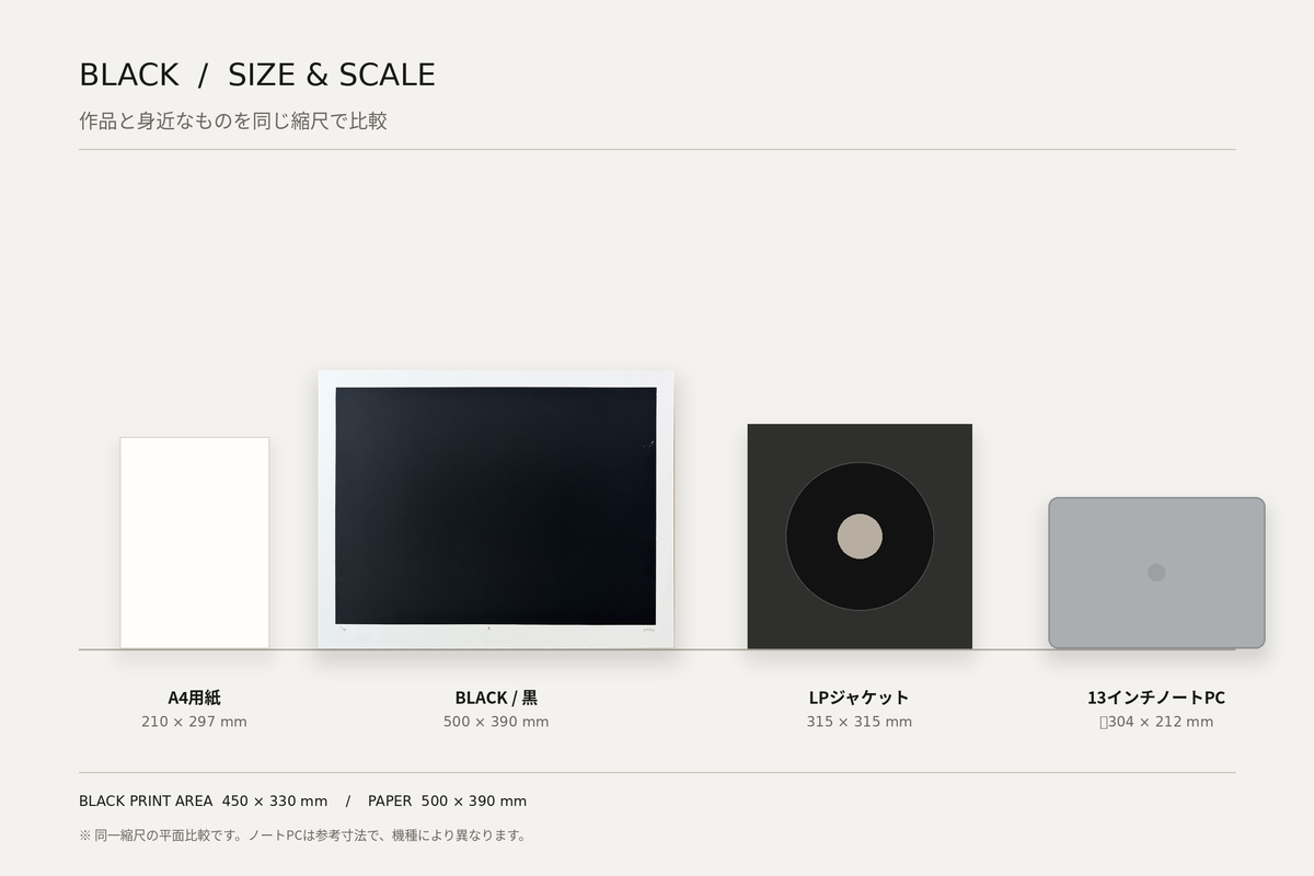 黒｜BLACKとA4用紙・LPジャケット・13インチノートPCの同一縮尺比較