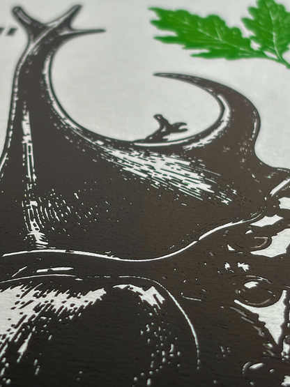 KABUTOMUSHI 3-color screen print detail｜BLACK OLIVE MUSTARD ink overlap｜1188